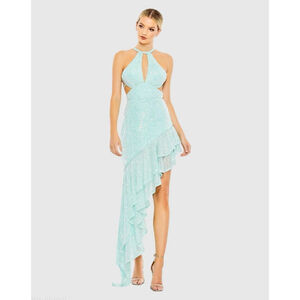 Mac Duggal A11274 Aqua Sequined Halter Cut Out Ruffle Asymmetrical Dress Size 4